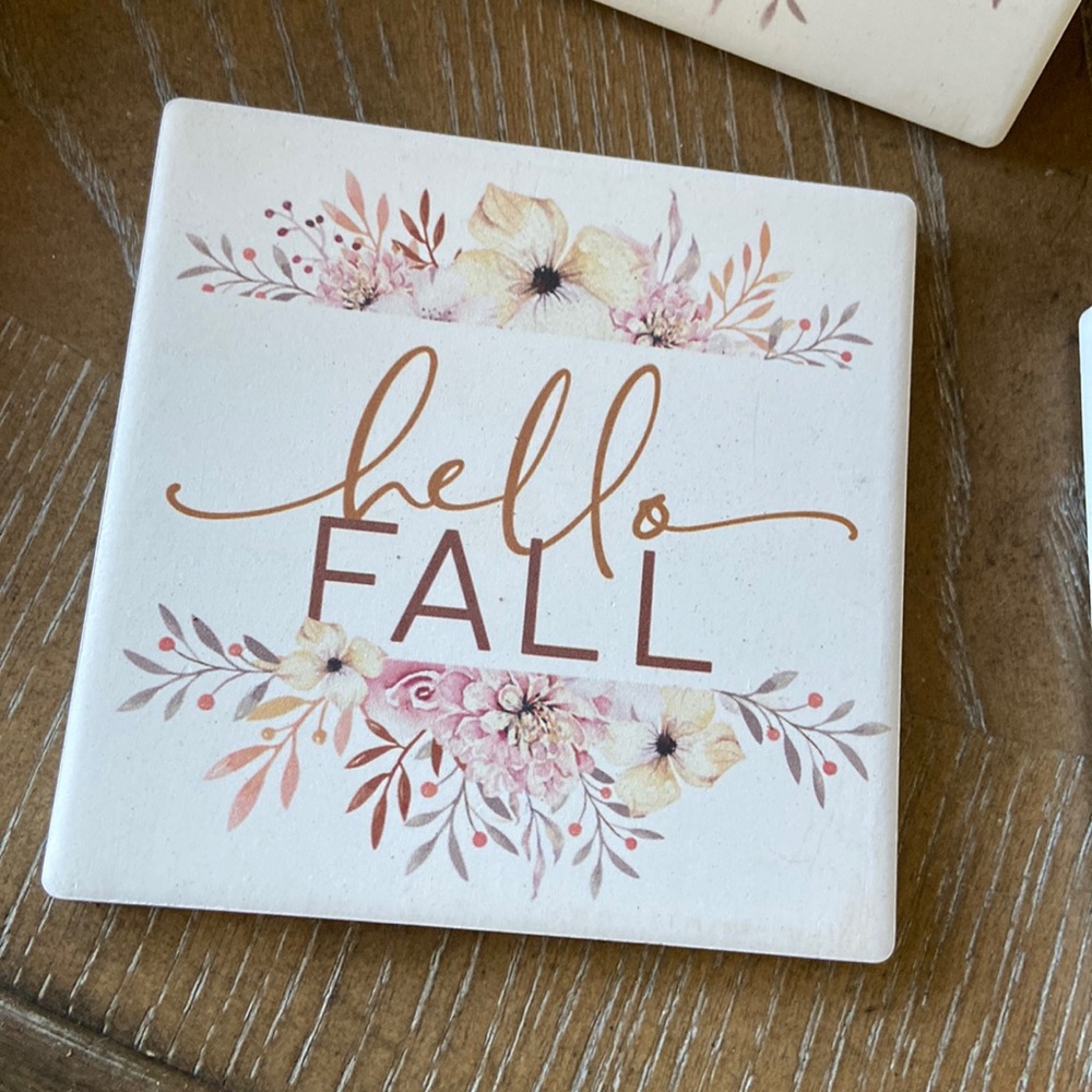 NEW! Shabby Chic Hello Fall Floral Autumn Harvest Ceramic Stoneware Coaster Set - Picture 3 of 10